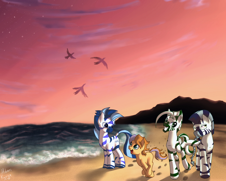 Size: 1280x1024 | Tagged: safe, artist:hilloty, derpibooru import, oc, pony, zebra, commission, ocean, sky, zebra oc