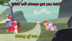 Size: 640x360 | Tagged: apple bloom, big macintosh, caption, cards against humanity, carriage, cutie mark crusaders, derpibooru import, edit, edited screencap, feather bangs, feather bangs gets all the mares, hard to say anything, image macro, prince outfit, safe, scootaloo, screencap, sugar belle, sweetie belle, text, tree