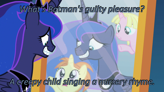 Size: 640x360 | Tagged: a royal problem, batman, caption, cards against humanity, derpibooru import, edit, edited screencap, female, filly, forced smile, image macro, indian summer, princess luna, raspberry cream, safe, screencap, text