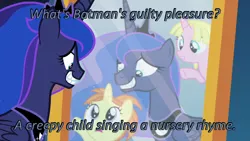 Size: 640x360 | Tagged: a royal problem, batman, caption, cards against humanity, derpibooru import, edit, edited screencap, female, filly, forced smile, image macro, indian summer, princess luna, raspberry cream, safe, screencap, text