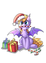 Size: 1280x1744 | Tagged: safe, artist:kaliner123, derpibooru import, oc, oc:kaliner, unofficial characters only, bat pony, bat pony oc, bat wings, candy, candy cane, cheek fluff, chest fluff, christmas, female, food, hat, holiday, merry christmas, present, santa hat, simple background, solo, transparent background, wings