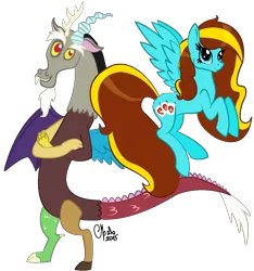 Size: 1204x1288 | Tagged: safe, artist:shadow-nights, derpibooru import, discord, oc, oc:ilovekimpossiblealot, draconequus, pegasus, pony, duo, female, flying, male, mare, signature, simple background, transparent background