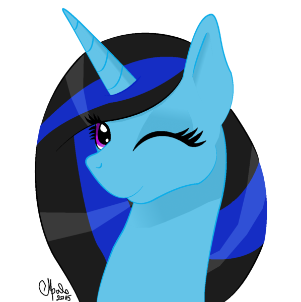 Size: 1272x1276 | Tagged: safe, artist:shadow-nights, derpibooru import, oc, oc:moonlight, unofficial characters only, alicorn, pony, alicorn oc, bust, female, horn, mare, one eye closed, signature, simple background, smiling, solo, transparent background, wings, wink