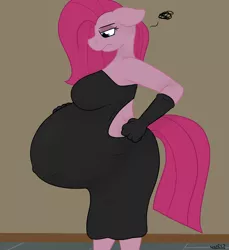 Size: 1100x1200 | Tagged: safe, artist:theimmortalwolf, derpibooru import, pinkie pie, anthro, earth pony, belly, belly button, big belly, big breasts, breasts, busty pinkie pie, clothes, dress, female, floppy ears, grumpy, hand on belly, hand on hip, lidded eyes, mare, outie belly button, pinkamena diane pie, preggy pie, pregnant