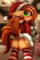 Size: 2008x2983 | Tagged: safe, artist:pridark, derpibooru import, oc, oc:pumpkin patch, unofficial characters only, bat pony, pony, bat pony oc, bat wings, blushing, butt, christmas, clothes, commission, costume, fangs, female, hat, holiday, looking back, mare, plot, santa costume, santa hat, socks, solo, stockings, striped socks, thigh highs, wings