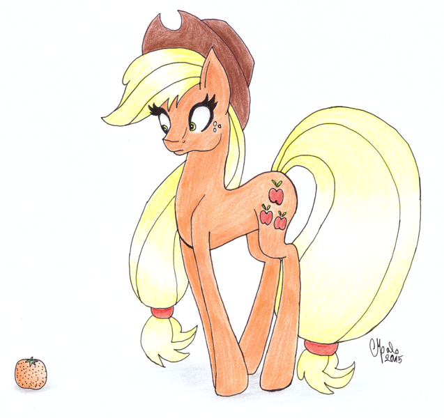 Size: 1168x1100 | Tagged: safe, artist:shadow-nights, derpibooru import, applejack, earth pony, pony, apple, female, food, freckles, frown, fruit, looking down, mare, newbie artist training grounds, paper, signature, simple background, solo, traditional art, white background