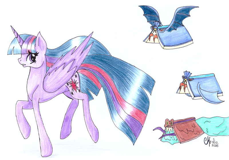 Size: 1744x1218 | Tagged: safe, artist:shadow-nights, derpibooru import, twilight sparkle, twilight sparkle (alicorn), alicorn, pony, do princesses dream of magic sheep, book, colored pencil drawing, female, flying books, mare, monster book, newbie artist training grounds, older, older twilight, paper, signature, simple background, solo, traditional art, white background