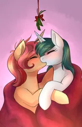 Size: 1255x1920 | Tagged: safe, artist:its-gloomy, artist:itsgloomy, derpibooru import, oc, oc:bright eyes, oc:rose latte, pony, eyes closed, female, holly, holly mistaken for mistletoe, image, jpeg, kissing, lesbian, mare, mistletoe, oc x oc, shipping