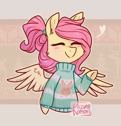 Size: 932x968 | Tagged: safe, artist:kazunekomori, derpibooru import, fluttershy, pegasus, pony, alternate hairstyle, bust, clothes, cute, eyes closed, female, heart, mare, portrait, raised hoof, shyabetes, smiling, solo, spread wings, sweater, three quarter view, wings