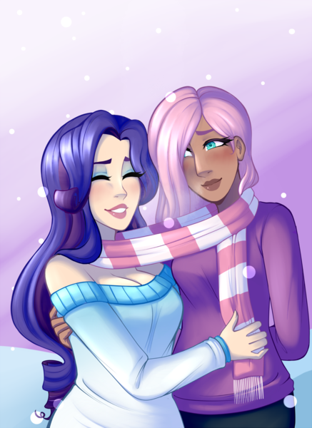 Size: 1200x1646 | Tagged: safe, artist:emberfan11, derpibooru import, fluttershy, rarity, human, breasts, cleavage, clothes, eyes closed, female, flarity, humanized, lesbian, moderate dark skin, scarf, shared clothing, shared scarf, shipping, smiling, snow, snowfall, sweater