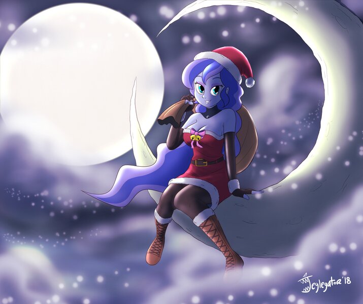 Size: 4096x3436 | Tagged: safe, artist:jeglegator, derpibooru import, princess luna, human, equestria girls, christmas, clothes, cloud, costume, hat, holiday, looking at you, moon, night, santa costume, santa hat, solo