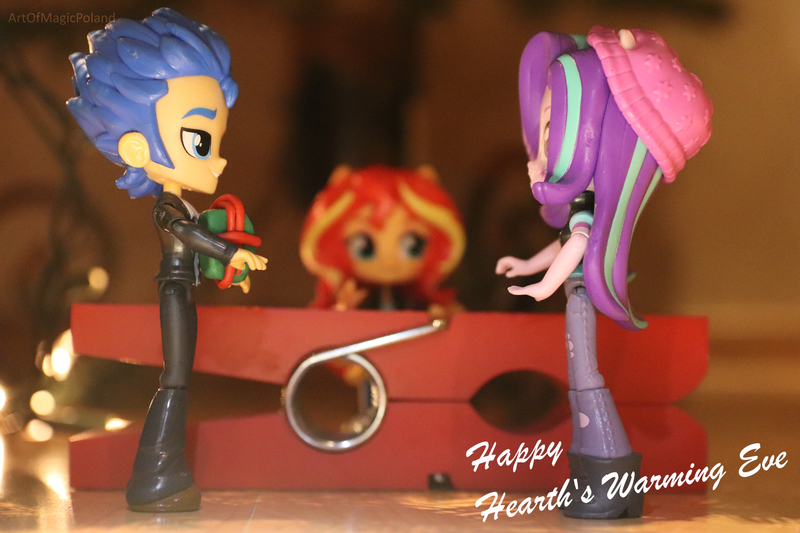 Size: 6000x4000 | Tagged: safe, artist:artofmagicpoland, derpibooru import, flash sentry, starlight glimmer, sunset shimmer, equestria girls, christmas, christmas tree, doll, equestria girls minis, eqventures of the minis, female, holiday, implied flashlight, implied shipping, implied straight, implied twilight sparkle, male, straight, toy, tree