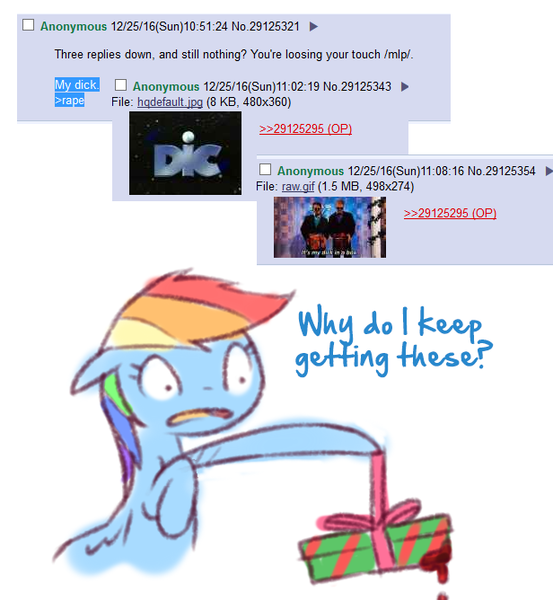 Size: 616x668 | Tagged: semi-grimdark, suggestive, artist:raridashdoodles, derpibooru import, rainbow dash, pegasus, pony, blood, dick in a box, female, implied penectomy, implied penis, literally disembodied penis, present, solo