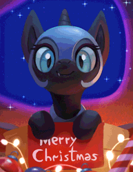 Size: 618x800 | Tagged: safe, artist:rodrigues404, derpibooru import, nightmare moon, alicorn, pony, animated, christmas, cute, cute little fangs, fangs, female, filly, gif, helmet, holiday, looking at you, mare, moonabetes, nicemare moon, nightmare woon, smiling, solo