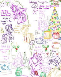 Size: 1280x1611 | Tagged: safe, artist:adorkabletwilightandfriends, derpibooru import, moondancer, spike, starlight glimmer, twilight sparkle, twilight sparkle (alicorn), oc, oc:pinenut, alicorn, cat, dragon, pony, unicorn, comic:adorkable twilight and friends, adorkable, adorkable twilight, book, bowtie, butt, candle, candy, candy cane, card, christmas, christmas card, christmas lights, christmas presents, christmas tree, christmas wear, clothes, comic, cute, dork, evergreen tree, family, female, flying, food, friendship, glowing horn, greg's bowtie, hearth's warming, hearth's warming eve, holiday, holly, holly mistaken for mistletoe, horn, humor, kissing, letter, lineart, love, lying down, magic, male, mare, mistletoe, ornament, ornaments, plot, present, scarf, sitting, spikelove, sweater, telekinesis, tree