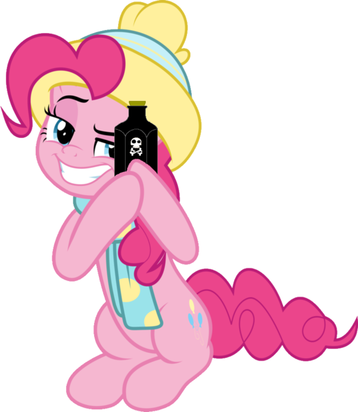 Size: 833x959 | Tagged: artist:jhayarr23, best gift ever, bottle, clothes, derpibooru import, edit, faic, hat, pinkie pie, poison, pun, raised eyebrow, rubbing hooves, safe, scarf, simple background, smiling, smirk, solo, transparent background, vector