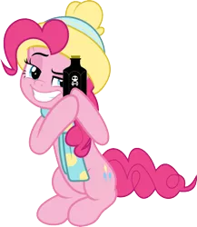 Size: 833x959 | Tagged: artist:jhayarr23, best gift ever, bottle, clothes, derpibooru import, edit, faic, hat, pinkie pie, poison, pun, raised eyebrow, rubbing hooves, safe, scarf, simple background, smiling, smirk, solo, transparent background, vector