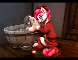 Size: 1024x787 | Tagged: safe, artist:rinsole, derpibooru import, oc, oc:cinder, oc:sun light, unofficial characters only, crystal pony, pegasus, pony, bath, bathtime, female, flailing, laughing, mother and child, mother and daughter