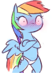 Size: 310x427 | Tagged: suggestive, artist:raridashdoodles, derpibooru import, edit, rainbow dash, pegasus, pony, blushing, clothes, cutie mark underwear, embarrassed, embarrassed underwear exposure, female, mare, panties, simple background, underwear, underwear swap, white background