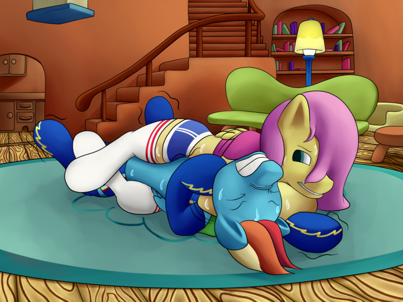 Size: 2000x1500 | Tagged: safe, artist:einboph, derpibooru import, fluttershy, rainbow dash, pony, badass, chokehold, dashsub, femsub, flutterbadass, flutterdom, headlock, image, png, sports, submission hold, submissive, sweat, wrestling