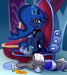 Size: 3600x4000 | Tagged: safe, artist:witchtaunter, derpibooru import, princess luna, oc, oc:scope, alicorn, pony, unicorn, armor, clothes, crown, cup, cutie mark, drinking straw, drool, duo, eyes closed, female, floppy ears, glass, glowing horn, hoof shoes, horn, jewelry, magic, mare, poking, regalia, royal guard armor, scrunchy face, shoes, shoulder fluff, sitting, sleeping, sleeping on the job, spilled drink, stick, straw, tail wrap, telekinesis, throne