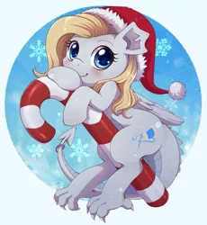 Size: 1273x1385 | Tagged: safe, artist:evomanaphy, derpibooru import, oc, oc:ardana, unofficial characters only, dracony, dragon, hybrid, original species, pony, blushing, candy, candy cane, chibi, christmas, female, food, hat, holiday, looking at you, mare, santa hat, smiling, solo