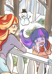 Size: 849x1200 | Tagged: safe, artist:rsazu, derpibooru import, sunset shimmer, twilight sparkle, equestria girls, blushing, blushing profusely, clothes, cute, female, lesbian, looking at each other, scarf, shimmerbetes, shipping, snow, snowman, sunsetsparkle, tree, twiabetes, winter outfit