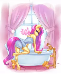 Size: 1054x1280 | Tagged: anthro, artist:tron-zix, bathtub, breasts, bubble bath, claw foot bathtub, derpibooru import, female, fluttershy, mare, naked towel, suggestive, towel, unguligrade anthro