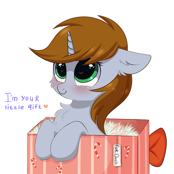 Size: 3000x3000 | Tagged: safe, artist:pesty_skillengton, derpibooru import, oc, oc:littlepip, unofficial characters only, pony, unicorn, fallout equestria, fanfic, blushing, box, cheek fluff, chest fluff, commission, commissioner:raritybro, cute, fanfic art, female, floppy ears, heart eyes, hooves, horn, implied lesbian, implied shipping, mare, ocbetes, pesty's little gift, pipabetes, pony in a box, present, shipping, simple background, solo, white background, wingding eyes, ych result