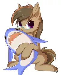 Size: 2214x2746 | Tagged: safe, artist:pesty_skillengton, derpibooru import, oc, oc:dawnsong, unofficial characters only, earth pony, pony, shark, background removed, blahaj, colored pupils, commission, cute, ear fluff, female, glasses, leg fluff, looking at you, mare, plushie, shark plushie, simple background, solo, toy, white background, ych result