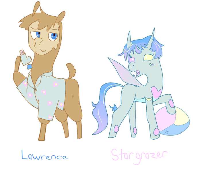 Size: 1509x1313 | Tagged: safe, artist:lawrence alpaca, derpibooru import, oc, oc:lawrence, oc:stargrazer, alpaca, changeling, beach ball, clothes, hawaiian shirt, inhaler, shirt