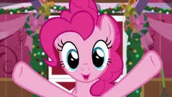 Size: 1280x720 | Tagged: safe, derpibooru import, screencap, pinkie pie, earth pony, pony, the great escape room, female, mare, open mouth, smiling, solo