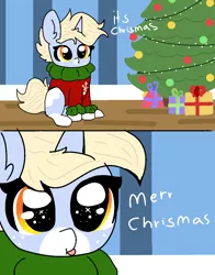 Size: 940x1200 | Tagged: safe, artist:nootaz, derpibooru import, oc, oc:nootaz, unofficial characters only, :p, christmas, christmas tree, cute, holiday, it chrismas, meme, nootabetes, nootaz is trying to murder us, ocbetes, ponified meme, silly, solo, tongue out, tree
