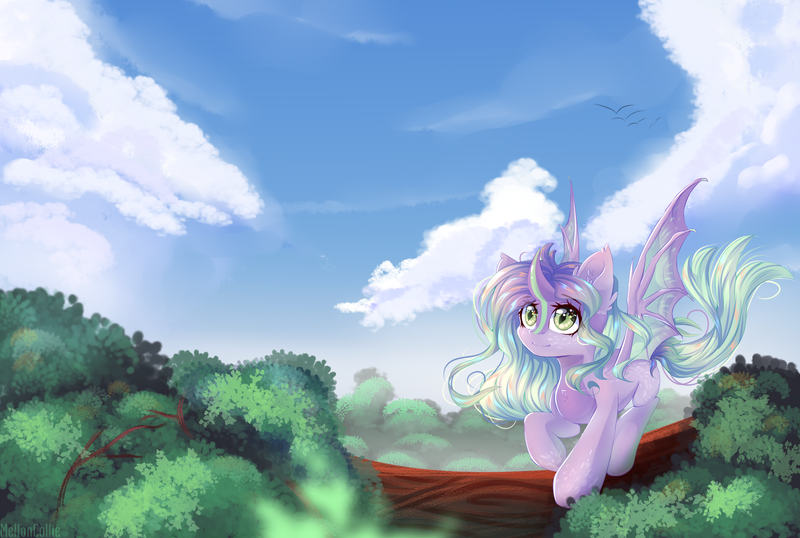 Size: 2600x1750 | Tagged: safe, artist:melloncollie-chan, derpibooru import, oc, dragon, pony, cloud, female, sky, solo, tree