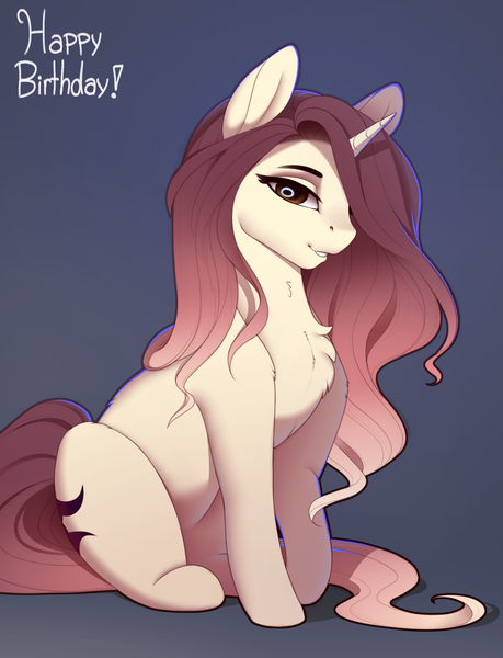 Size: 2000x2614 | Tagged: safe, artist:evehly, derpibooru import, oc, oc:crimson sunset, unofficial characters only, pony, unicorn, back fluff, chest fluff, cute, female, gift art, hair over one eye, leg fluff, mare, ocbetes, simple background, smiling, solo