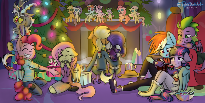 Size: 1200x607 | Tagged: safe, artist:tylerdashart, derpibooru import, applejack, discord, fluttershy, pinkie pie, rainbow dash, rarity, spike, twilight sparkle, twilight sparkle (alicorn), alicorn, anthro, draconequus, dragon, earth pony, pegasus, unicorn, applejack's hat, book, bowl, button, candy, chocolate, christmas, christmas lights, christmas tree, clothes, converse, cowboy hat, cozy, cup, cute, dashabetes, diapinkes, discute, doll, eyes closed, female, fireplace, floppy ears, flutterpie, food, hat, hearth's warming eve, holiday, hot chocolate, hug, jackabetes, lesbian, mane seven, mane six, pants, plushie, present, raribetes, rarijack, shipping, shirt, shoes, shyabetes, signature, sitting, smiling, socks, spikabetes, toy, tree, twiabetes, twidash, twilight's castle, warm, winged spike, winghug, wings