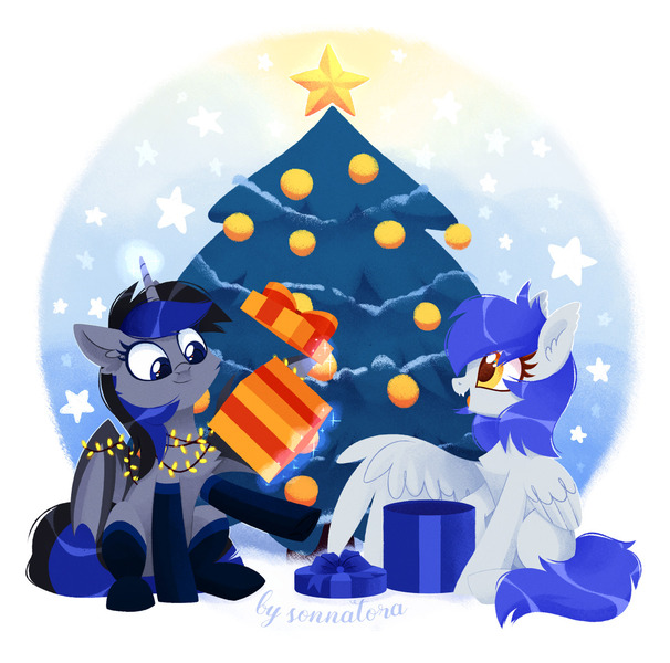 Size: 1200x1188 | Tagged: safe, artist:sonnatora, derpibooru import, oc, oc:gabriel, oc:mythic, unofficial characters only, bat pony, pegasus, pony, christmas, christmas lights, christmas tree, clothes, holiday, present, socks, stockings, thigh highs, tree