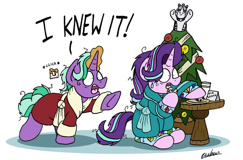 Size: 6044x3992 | Tagged: safe, artist:bobthedalek, derpibooru import, firelight, princess platinum, starlight glimmer, pony, unicorn, bathrobe, bed mane, caught, christmas, christmas tree, clothes, cookie, father and child, father and daughter, female, food, hearth's warming eve, holiday, implied princess platinum, kite, male, milk and cookies, pajamas, pure unfiltered evil, robe, sweat, sweatdrop, that pony sure does love kites, tree, whoops