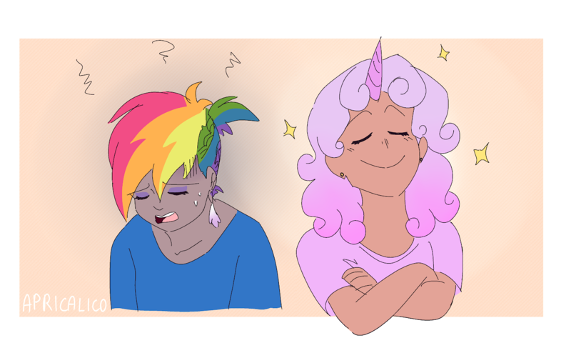 Size: 1398x876 | Tagged: defeated, derpibooru import, hippogriff, horn, horned humanization, human, humanized, interspecies offspring, magical lesbian spawn, oc, oc:quartz horn, oc:rainbow feather, offspring, parent:gilda, parent:rainbow dash, parents:gildash, safe, sparkles, victory