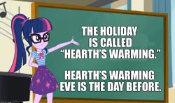 Size: 1460x865 | Tagged: safe, derpibooru import, edit, edited screencap, screencap, sci-twi, twilight sparkle, equestria girls, equestria girls series, caption, geode of telekinesis, hearth's warming, hearth's warming eve, image macro, magical geodes, sci-twi's chalkboard, text, truth, twilight sparkle's chalkboard