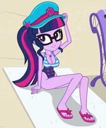 Size: 739x897 | Tagged: suggestive, derpibooru import, edit, edited screencap, editor:mlp-gft, screencap, sci-twi, twilight sparkle, equestria girls, equestria girls series, forgotten friendship, beach, beach babe, beach towel, big breasts, breast edit, breasts, busty sci-twi, busty twilight sparkle, captain hat, cleavage, clothes, cropped, erect nipples, feet, female, flip-flops, geode of telekinesis, glasses, hat, inverted mouth, legs, magical geodes, ponytail, sandals, sexy, solo, solo female, swimsuit