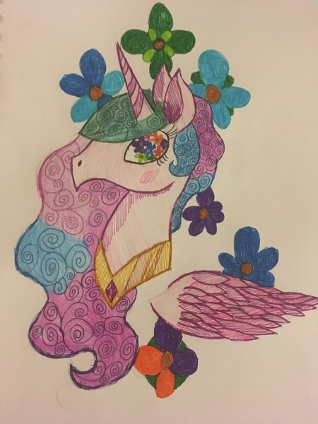 Size: 3024x4032 | Tagged: safe, artist:ice-star-pony, derpibooru import, princess celestia, alicorn, blushing, bust, eyelashes, flower, flowing mane, missing accessory, solo, surreal, traditional art, wingding eyes