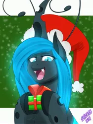 Size: 2481x3293 | Tagged: safe, artist:wolfmask, derpibooru import, changeling queen oc, oc, oc:queen fylifa, unofficial characters only, changeling, changeling queen, pony, blue changeling, changeling oc, digital art, fangs, female, gift art, happy, high res, mare, open mouth, solo