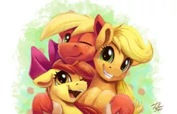 Size: 2000x1294 | Tagged: safe, artist:tsitra360, derpibooru import, apple bloom, applejack, big macintosh, earth pony, pony, adorabloom, apple siblings, apple sisters, bow, brother and sister, colored hooves, cute, female, filly, hair bow, hat, hatless, jackabetes, macabetes, male, mare, missing accessory, moon, one eye closed, siblings, signature, sisters, smiling, stallion, unshorn fetlocks