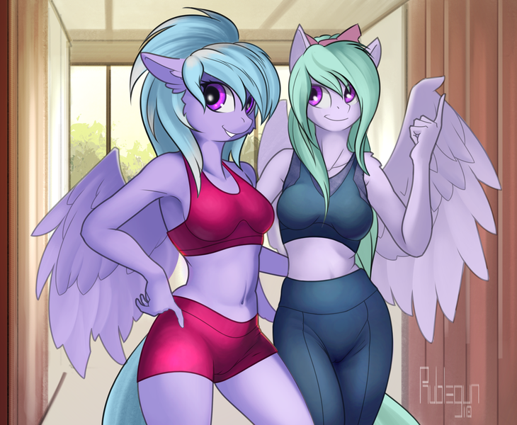 Size: 3648x3000 | Tagged: adorasexy, anthro, armpits, artist:rublegun, belly button, belly shirt, bra, breasts, busty cloudchaser, busty flitter, clothes, cloudchaser, cute, derpibooru import, duo, female, flitter, looking at you, mare, midriff, pants, pegasus, safe, sexy, shorts, siblings, signature, sisters, smiling, sports bra, sports shorts, stupid sexy cloudchaser, stupid sexy flitter, underwear, yoga pants