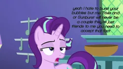 Size: 720x405 | Tagged: safe, derpibooru import, edit, edited screencap, screencap, starlight glimmer, pony, unicorn, cropped, female, implied sunburst, implied trixie, mare, mouthpiece, my little pony, open mouth, shipping denied, solo, taken, text, text edit