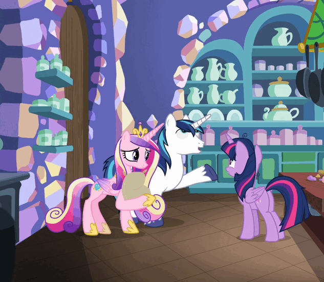 Size: 633x552 | Tagged: alicorn, animated, best gift ever, cracked armor, derp, derpibooru import, gif, kitchen, princess cadance, safe, screencap, shining armor, twilight sparkle, twilight sparkle (alicorn), twilynanas
