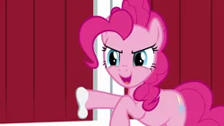 Size: 1280x720 | Tagged: safe, derpibooru import, screencap, pinkie pie, earth pony, pony, the great escape room, female, mare, open mouth, raised hoof, solo
