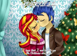 Size: 980x716 | Tagged: safe, artist:lucy-tan, derpibooru import, flash sentry, sunset shimmer, human, equestria girls, christmas, christmas tree, cropped, eyes closed, female, flashimmer, holiday, humanized, male, romantic, shipping, straight, tree