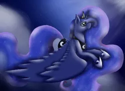 Size: 1755x1276 | Tagged: safe, artist:shadow-nights, derpibooru import, princess luna, alicorn, pony, ethereal mane, female, flying, mare, night, signature, smiling, solo, spread wings, starry mane, starry night, stars, wings